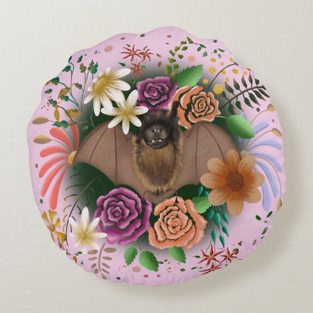 Bat Flowers Floral Botanical  Round Pillow (Back)