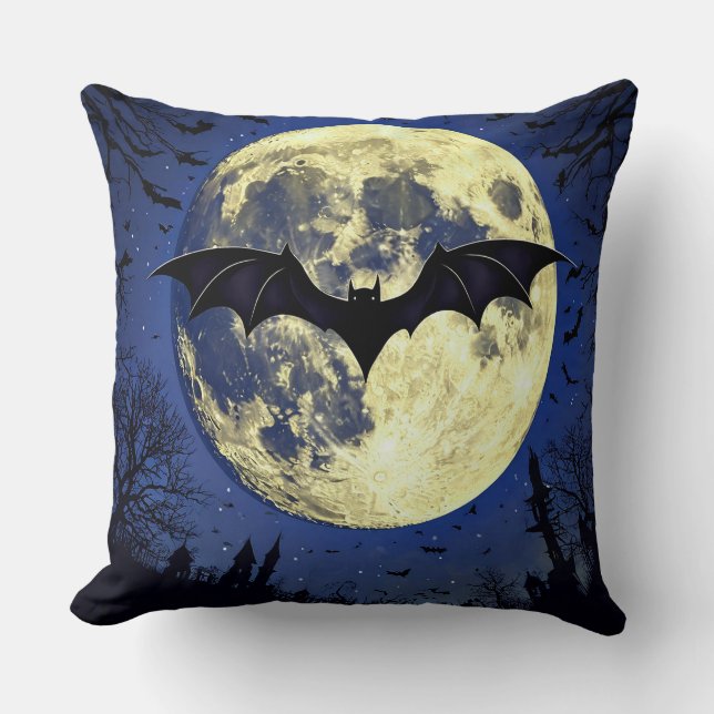 Bat Flying Over Moonlit Sky Throw Pillow (Front)