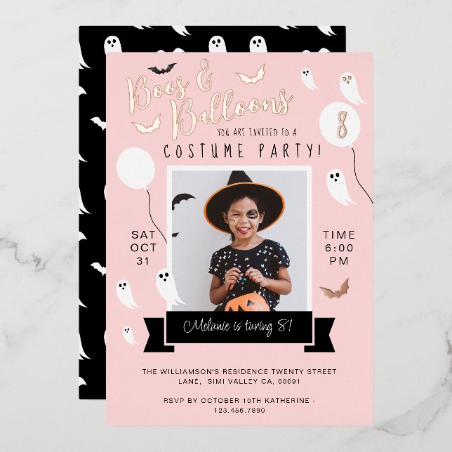 Bat & Ghost Halloween Costume Birthday Party Photo Foil Invitation (Front/Back)