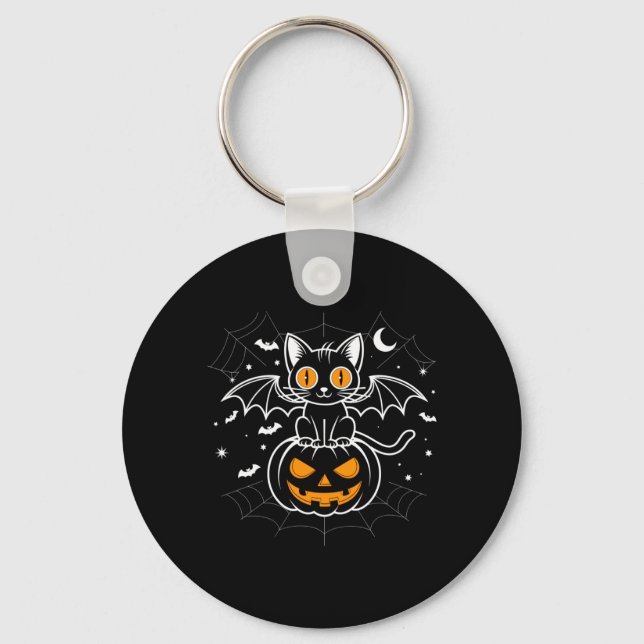 Bat Halloween _ Black Cat Bat Wings Spooky Cat Keychain (Front)