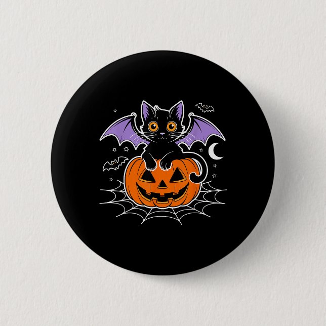 Bat Halloween _ Black Cat Bat Wings Spooky Cat Men Button (Front)