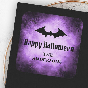 Bat Happy Halloween black purple grunge Square Sticker