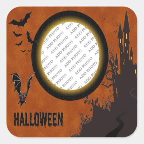 Bat Haunted House Photo Frame and Orange Sky Square Sticker