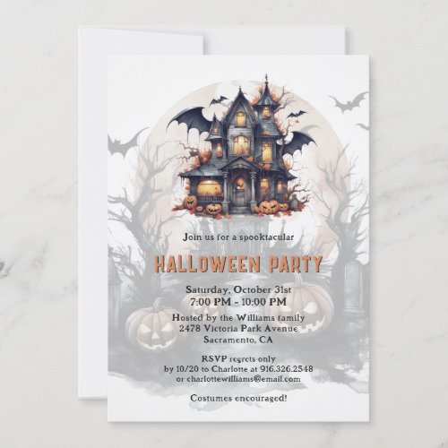 Bat Haunted House Pumpkins Spooky Halloween Party Invitation