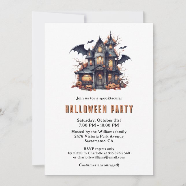 Bat Haunted House Pumpkins Spooky Halloween Party Invitation (Front)