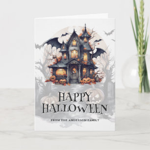 Bat Haunted House Spooky Pumpkins Photo Halloween Card