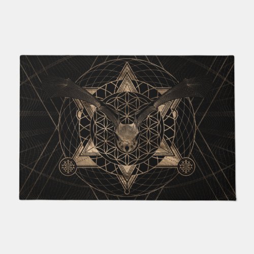 Bat in Sacred Geometry _ Black and Gold Doormat