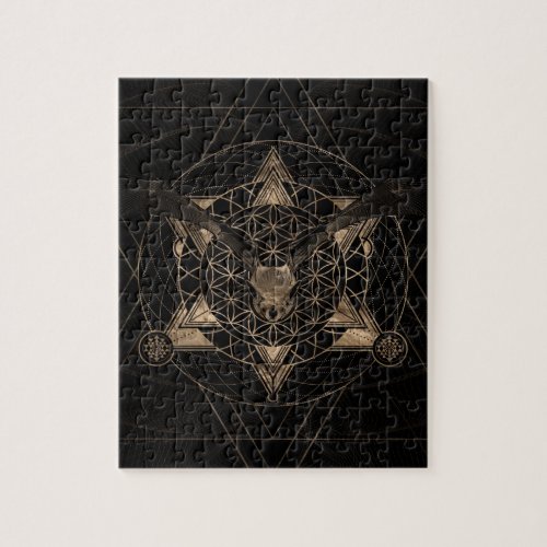 Bat in Sacred Geometry _ Black and Gold Jigsaw Puzzle