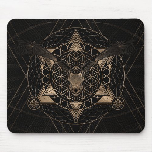 Bat in Sacred Geometry _ Black and Gold Mouse Pad