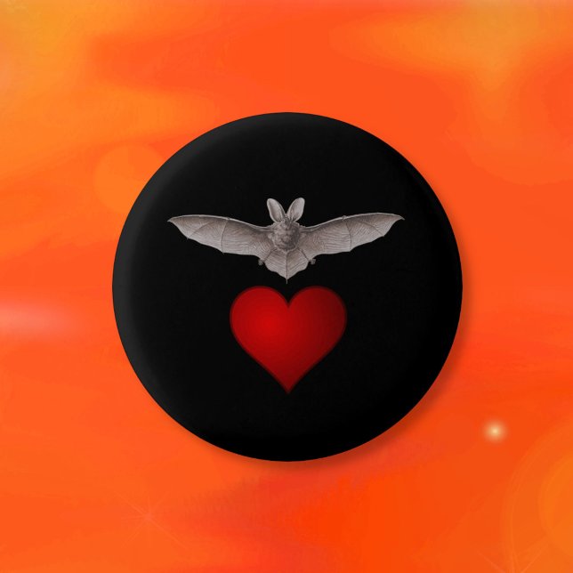 Bat love Grey Bat with Red Heart on Black Pinback Button (Creator Uploaded)