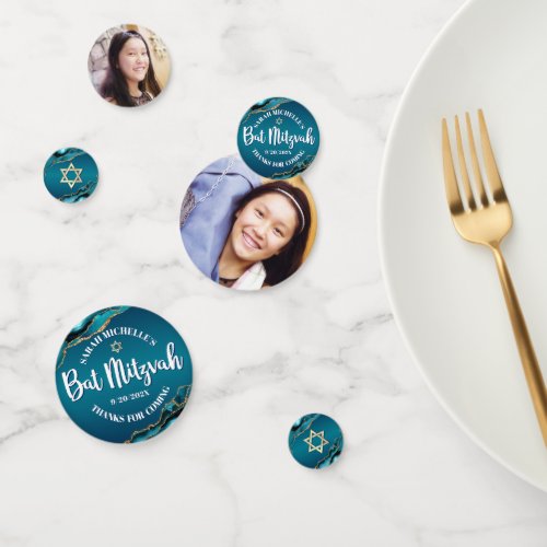 Bat Mitzvah 2 Photo Agate Turquoise Ombre Script Confetti