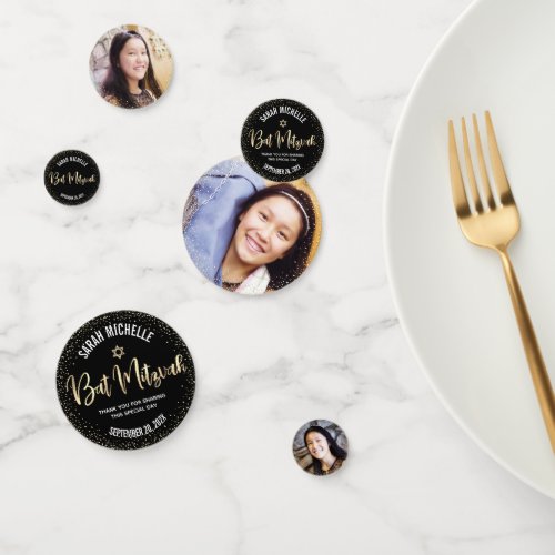 Bat Mitzvah 3 Photo Black Gold Foil Glitter Script Confetti