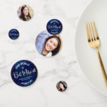 Bat Mitzvah 3 Photo Navy Blue Gold Glitter Script Confetti<br><div class="desc">Add some extra style to your favorite Bat Mitzvah’s celebration party with this customizable photo table confetti! Sparkly gold faux foil handwritten script, Star of David, tiny confetti glitter dots and bold white sans serif typography against a sophisticated, dramatic navy blue watercolor background on one side mix with your Bat...</div>