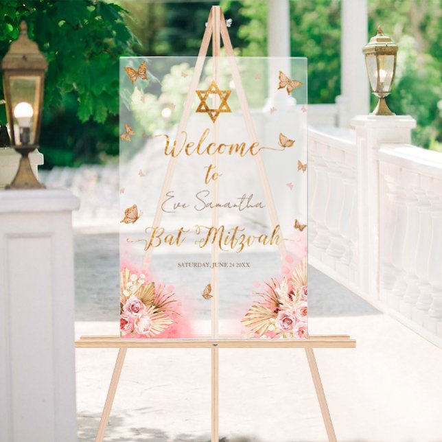 Bat Mitzvah Acrylic Welcome Sign Pink Butterflies (Creator Uploaded)
