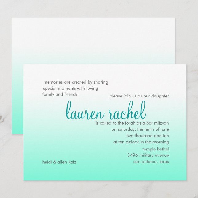 Bat Mitzvah Any Color and Aqua Ombre Gradient Invitation (Front/Back)