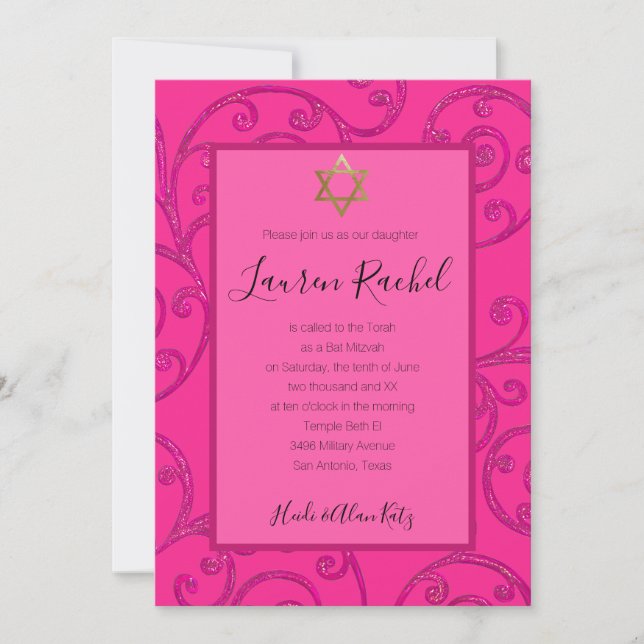 Bat Mitzvah Any Color Pink Scroll Design Invitation (Front)