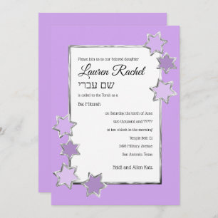 Bat Mitzvah Any Color White Center Silver Stars Invitation