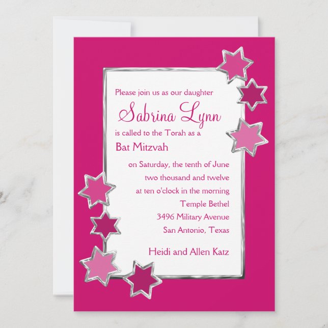 Bat Mitzvah Any Color White Center Silver Stars Invitation (Front)