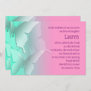 Bat Mitzvah Any Color with Aqua Ombre Butterflies Invitation