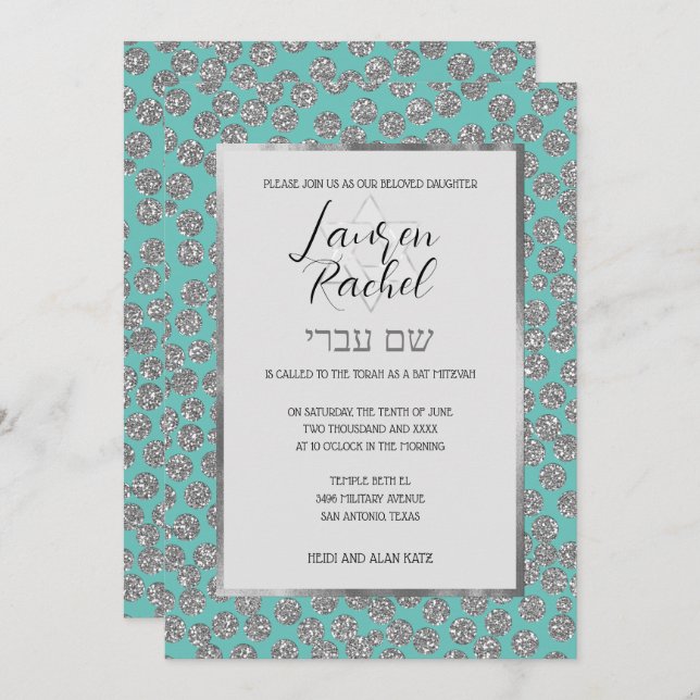 Bat Mitzvah Any Color with Silver Glitter Dots Invitation (Front/Back)