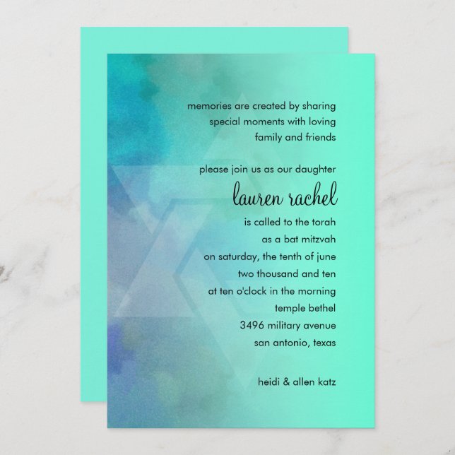 Bat Mitzvah Aqua and Blue Star of David Invitation (Front/Back)