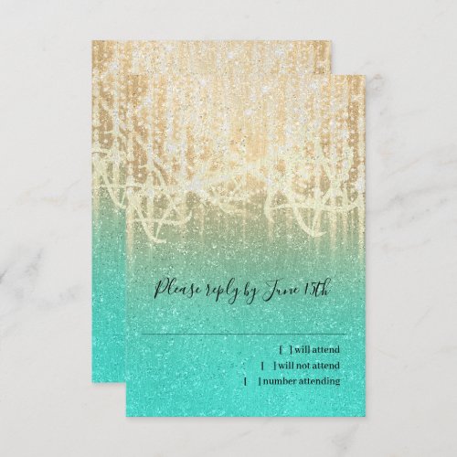 Bat Mitzvah Aqua and Gold Extra Sparkly RSVP Card