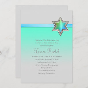 Bat Mitzvah Aqua Green Ombre Ribbon and Star Invitation