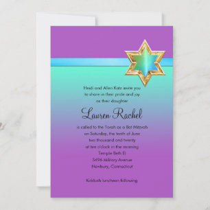 Bat Mitzvah Aqua Green Ombre Ribbon and Star Invitation