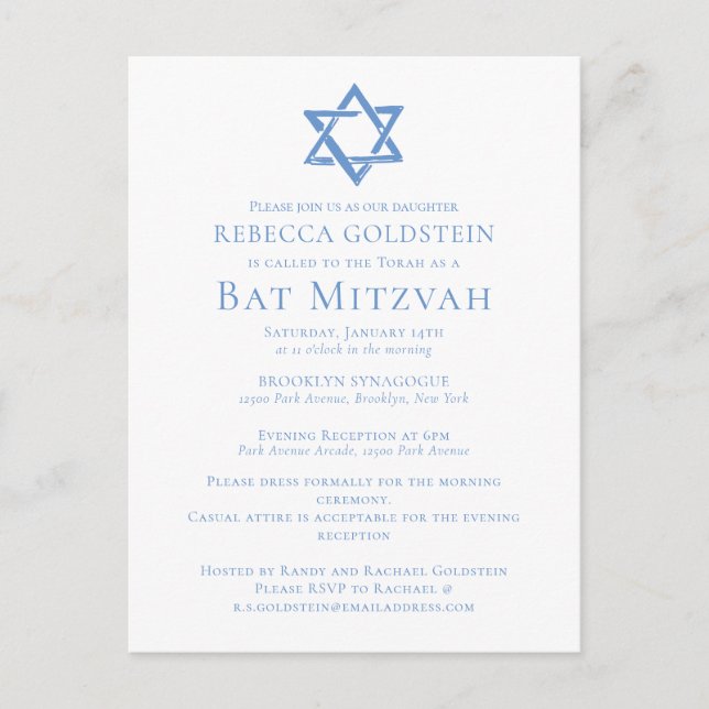 Bat Mitzvah Artistic Blue Star of David Party Postcard (Front)