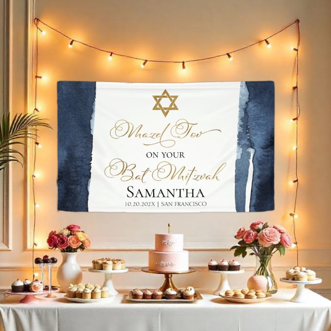 Bat Mitzvah Banner | Navy Blue Watercolor Abstract (Creator Uploaded)