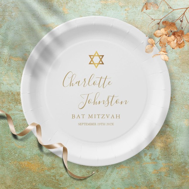  Bat Mitzvah, Bar Mitzvah Elegant Gold Script Paper Plates (Creator Uploaded)