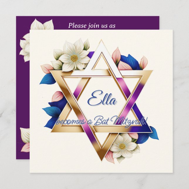 Bat Mitzvah Beautiful Floral Star of David Square  Invitation (Front/Back)