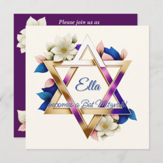 Bat Mitzvah Beautiful Floral Star of David Square Invitation