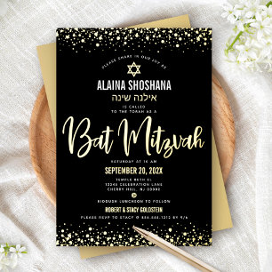Bat Mitzvah Black Elegant Modern Script Real Gold Foil Invitation