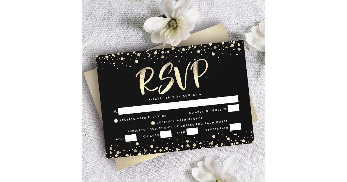 Entee Card Bat Mitzvah Black Gold Foil Glitter Script Entrée RSVP Card | Zazzle