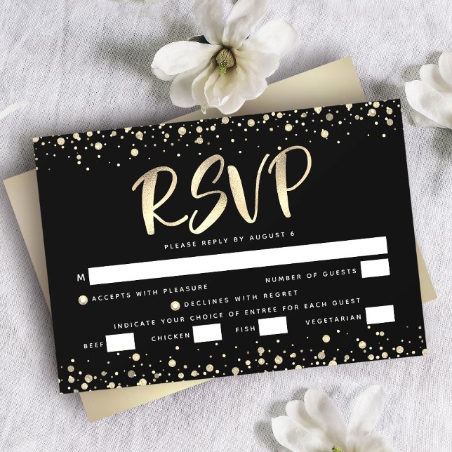 Bat Mitzvah Black Gold Foil Glitter Script Entrée RSVP Card (Creator Uploaded)