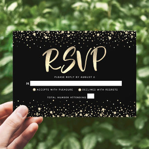 Bat Mitzvah Black Gold Foil Glitter Script Modern RSVP Card