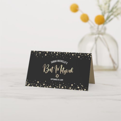 Bat Mitzvah Black Gold Foil Script Confetti Modern Place Card