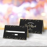 Bat Mitzvah Black Gold Foil Script Confetti Modern Place Card<br><div class="desc">No Bat Mitzvah party is complete without personalized place cards. Let your favorite Bat Mitzvah be proud, rejoice and celebrate her milestone at her perfectly coordinated party. Bold, sans serif typography and sparkly faux gold glitter tiny dots overlay a rich, dramatic, black background. On the back, white sans serif typography,...</div>