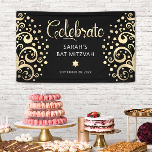 Bat Mitzvah Black Gold Foil Tree of Life Script Banner