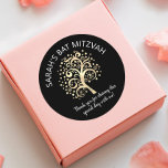 Bat Mitzvah Black Gold Foil Tree of Life Script Classic Round Sticker<br><div class="desc">Be proud, rejoice and showcase this milestone of your favorite Bat Mitzvah! Use this fun, sophisticated, personalized sticker to add to her special day. A graphic faux gold foil tree with sparkly Star of David and dot “leaves”, along with gold foil calligraphy script, overlays a rich, sophisticated, black background. Personalize...</div>
