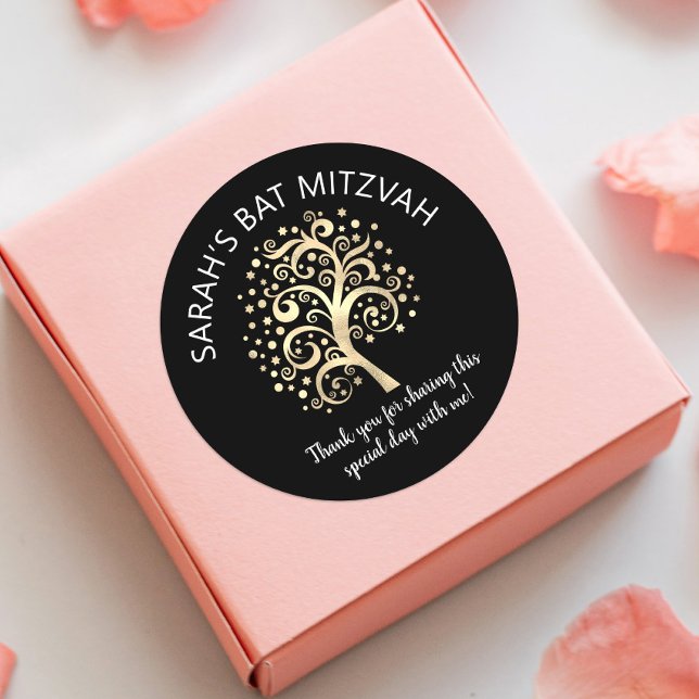Bat Mitzvah Black Gold Foil Tree of Life Script Classic Round Sticker (Creator Uploaded)