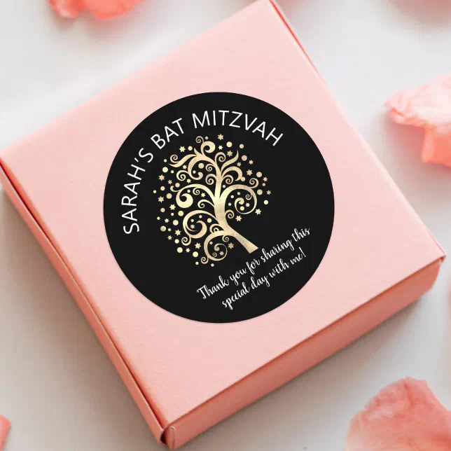 Bat Mitzvah Black Gold Foil Tree of Life Script Classic Round Sticker ...