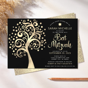 Bat Mitzvah Black Gold Foil Tree of Life Script Invitation