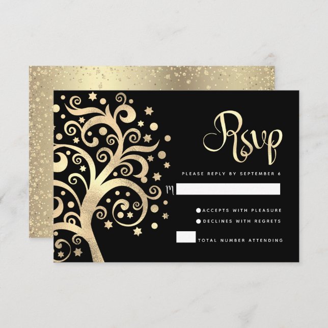 Bat Mitzvah Black Gold Foil Tree of Life Script RSVP Card (Front/Back)
