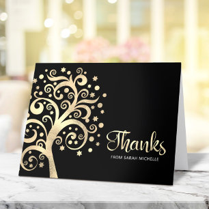 Bat Mitzvah Black Gold Foil Tree of Life Script Thank You Card