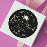 Bat Mitzvah Black Gold Script Floral Watercolor Classic Round Sticker<br><div class="desc">Be proud, rejoice and celebrate this milestone of your favorite Bat Mitzvah whenever you use this sophisticated, personalized sticker! A chic, stunning, white and gold glitter floral watercolor with faux gold foil script typography and Star of David, as well as white san serif type overlay a dramatic black background. Personalize...</div>