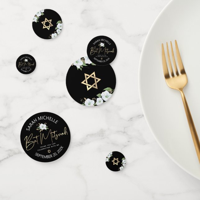 Bat Mitzvah Black Gold Script Floral Watercolor Confetti (Group)
