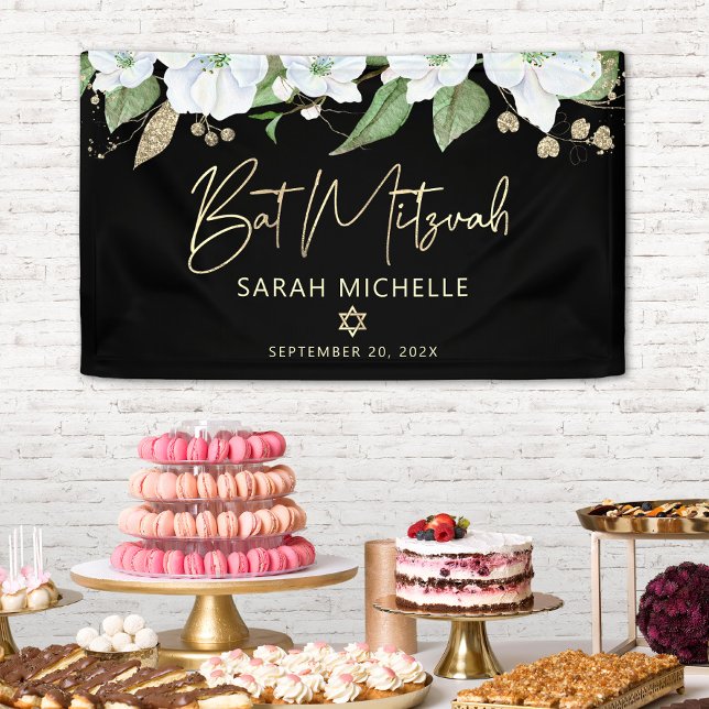 Bat Mitzvah Black Gold Script Watercolor Floral  Banner (Creator Uploaded)