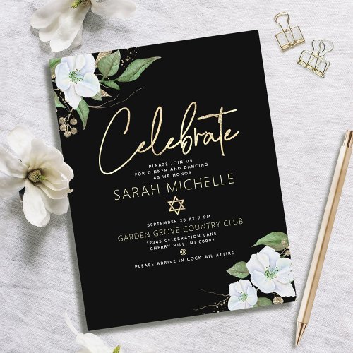 Bat Mitzvah Black Gold Script Watercolor Floral Enclosure Card